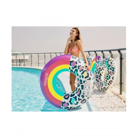 Bouée Gonflable Ronde XXL pour Piscine & Plage Ultra Confort, Flotteur Deluxe - Arc-En-Ciel Et Léopard ø120cm