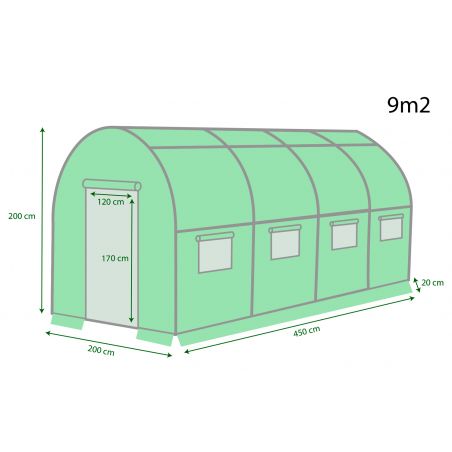 Serre de Jardin Tunnel 9m² - bache armée - avec fenêtres latérales et porte zipée Surface