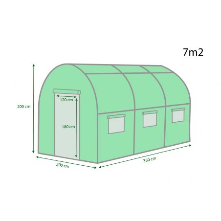 Serre de Jardin Tunnel 7m² - bache armée - avec fenêtres latérales et porte zipée Surface