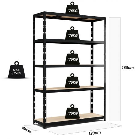 Étagère de rangement polyvalente en métal - Charges Lourdes - 180x120x40cm - Noir