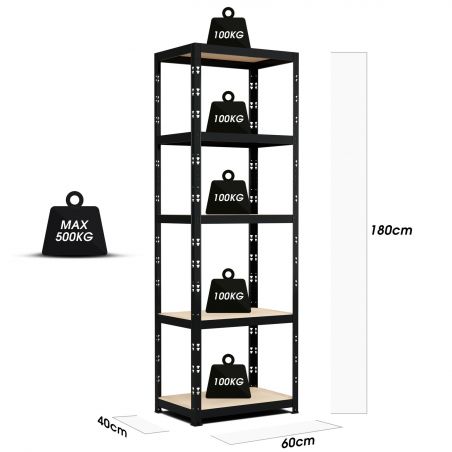 Étagère de rangement polyvalente en métal - Charges Lourdes - 180x60x40cm - Noir