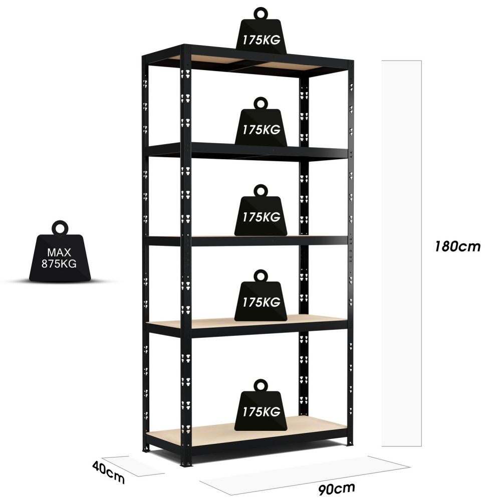 Étagère de rangement polyvalente en métal - Charges Lourdes - 180x90x40cm - Noir