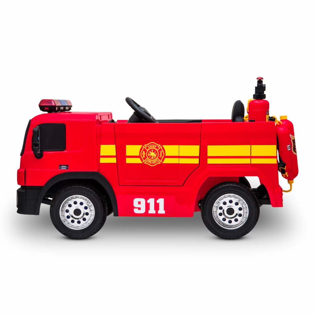 Camion de Pompier Electrique Rouge 35W avec Casque, Lance et Extincteur, Indicateur de Batterie et Télécommande Parentale