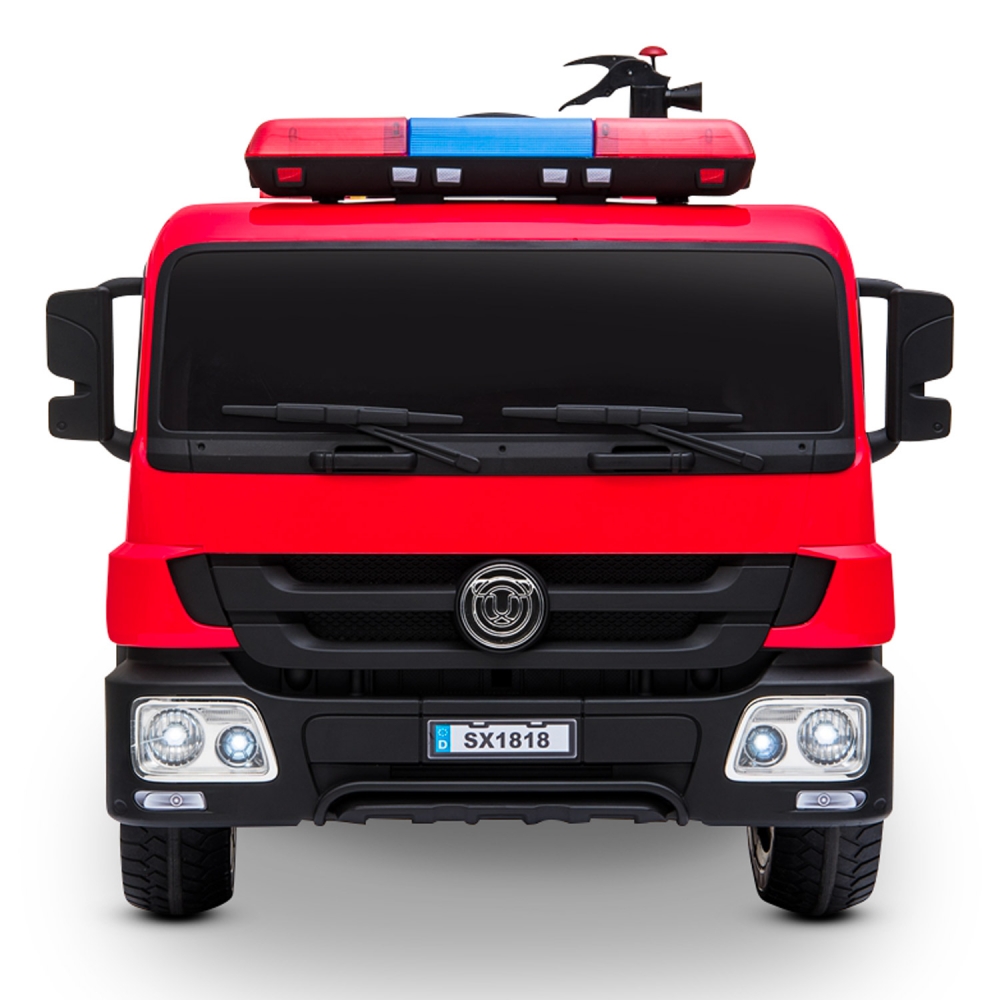Camion de Pompier Electrique Rouge 35W avec Casque, Lance et Extincteur, Indicateur de Batterie et Télécommande Parentale