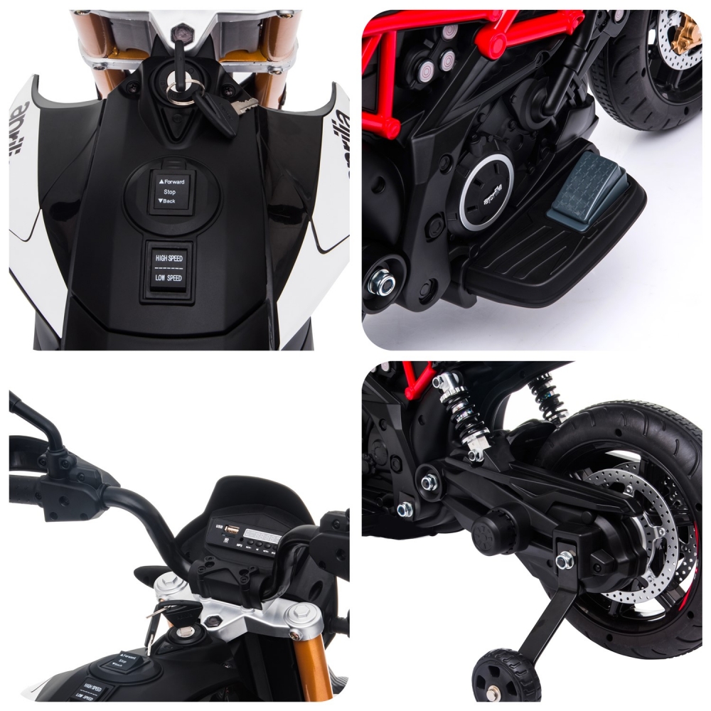 Moto Electrique Aprilia Dorsoduro 900 pour Enfant - avec Klaxon, Système Audio et Roulettes de soutien