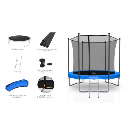 Trampoline extérieur Classique 8Ft / ø244cm KAIA SPORTS Trampoline de jardin avec Filet, mousse de protection et échelle