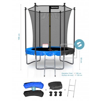 Trampoline de Jardin Classique avec filet de sécruité intérieur, Tapis de Saut, Echelle et Matelas Réversible Bleu/Noir