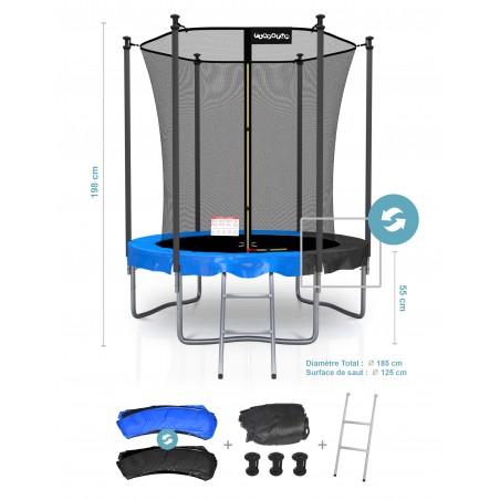 Trampoline de Jardin Classique avec filet de sécruité intérieur, Tapis de Saut, Echelle et Matelas Réversible Bleu/Noir