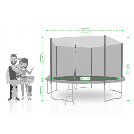 Trampoline extérieur Deluxe 12Ft / ø366cm KAIA SPORTS Trampoline de jardin avec Filet, mousse de protection et échelle