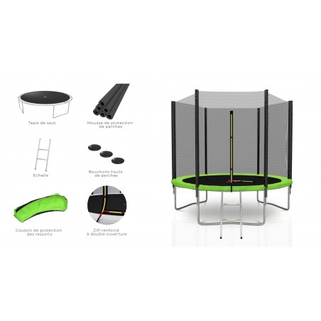 Trampoline extérieur Deluxe 8Ft / ø244cm KAIA SPORTS Trampoline de jardin avec Filet, mousse de protection et échelle