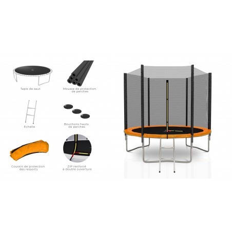 Trampoline extérieur Deluxe 8Ft / ø244cm KAIA SPORTS Trampoline de jardin avec Filet, mousse de protection et échelle