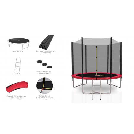 Trampoline extérieur Deluxe 8Ft / ø244cm KAIA SPORTS Trampoline de jardin avec Filet, mousse de protection et échelle