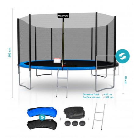 Trampoline de Jardin Deluxe avec filet de sécruité extérieur, Tapis de Saut, Echelle et Matelas Réversible Bleu/Noir