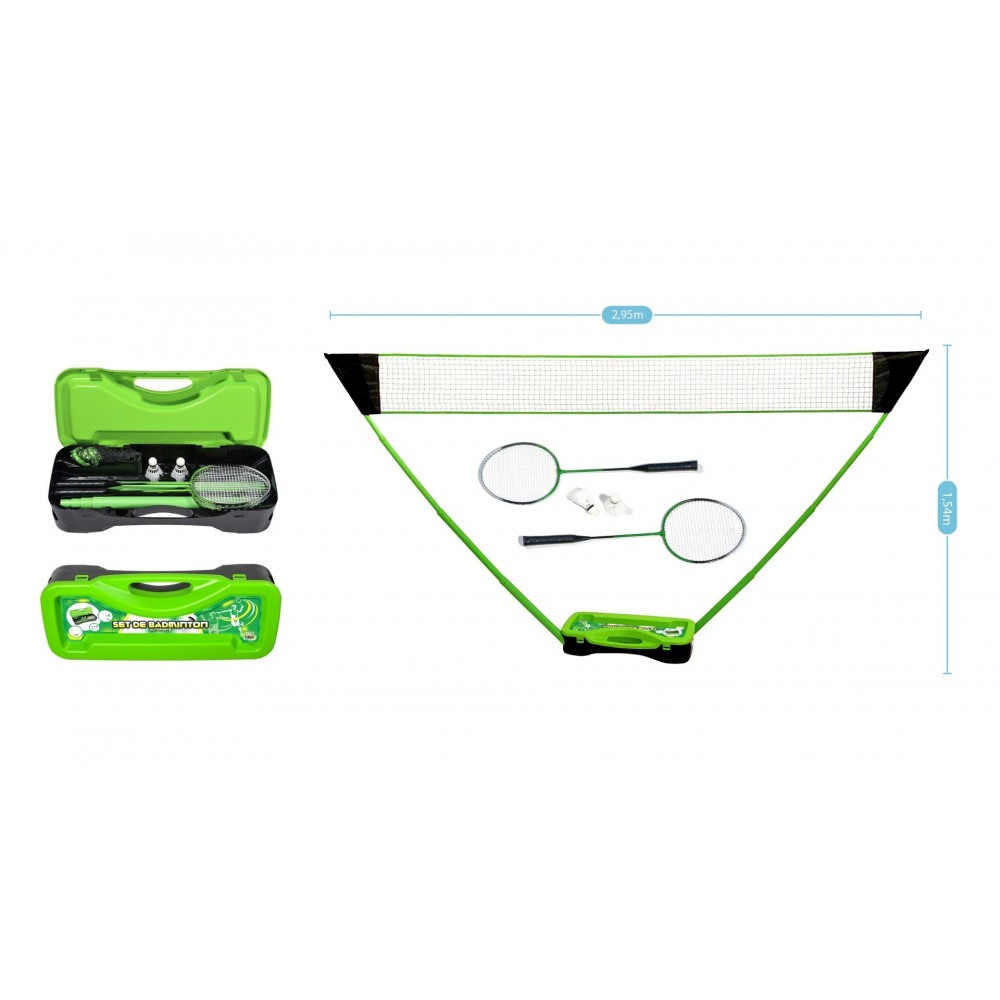 Set de Badminton complet avec filet 295 x 38 x 154 cm, raquettes, volants et étui de rangement Vert