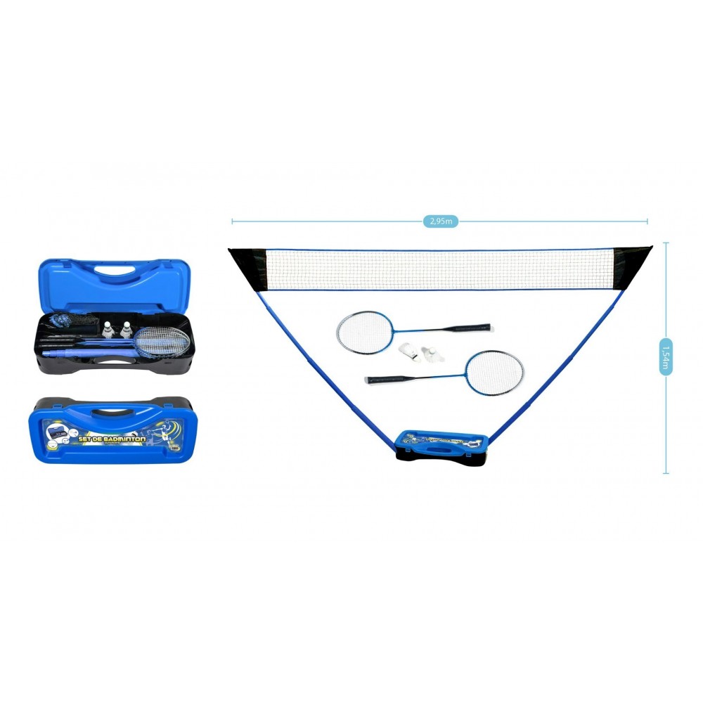 Set de Badminton complet avec filet 295 x 38 x 154 cm, raquettes, volants et étui de rangement Bleu