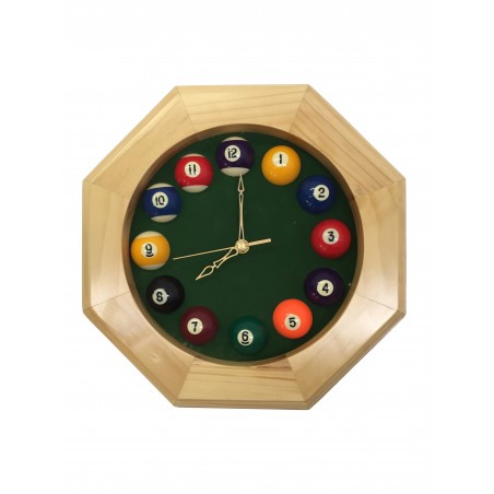 Horloge octogonale en bois - Heures boules de billard