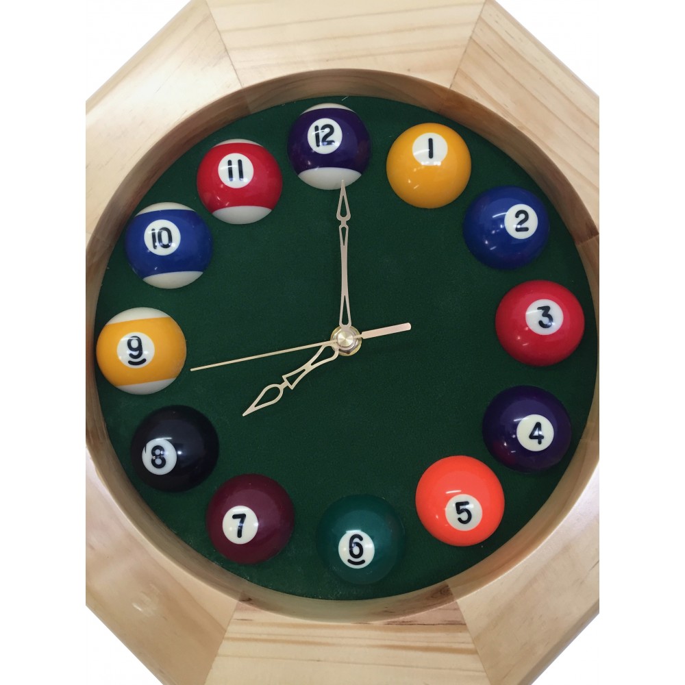 Horloge octogonale en bois - Heures boules de billard