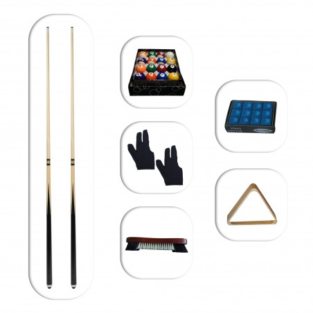 Billard, accessoires pour jeu Américain - 2 queues + set de boules + 2 gants + brosse de billard + set de 12 craies + triangle