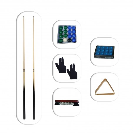 Billard, accessoires pour jeu Anglais - 2 queues + set de boules + 2 gants + brosse de billard + set de 12 craies + triangle