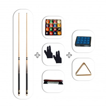 Accessoires pour Jeu de Billard Americain - 2 queues + Set de Boules + 2 Gants + 1 Brosse + Set de 12 craies + Triangle