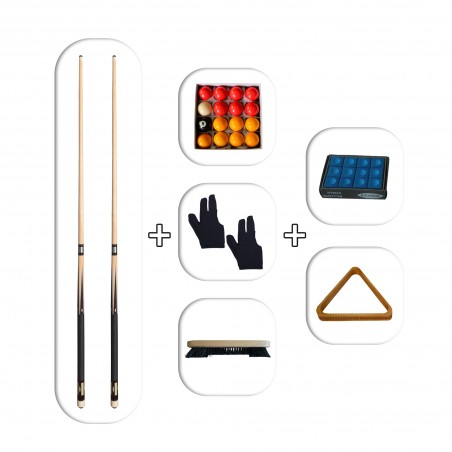 Accessoires pour Jeu de Billard Anglais - 2 queues + Set de Boules + 2 Gants + 1 Brosse + Set de 12 craies + Triangle