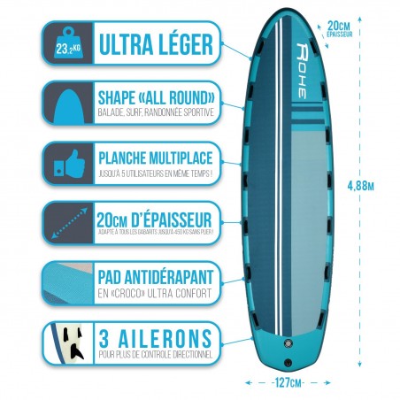 Big Stand Up Paddle gonflable ROHE OVERSIZE 16? x 50?? x 8?? (488 x 127 x 20 cm) jusqu' à 6 rameurs