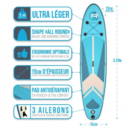 Pack Stand Up Paddle gonflable 10'6'' - ROHE INDIANA BLUE 10?6?? 30?? 6?? (320x76x15 cm) - avec accessoires