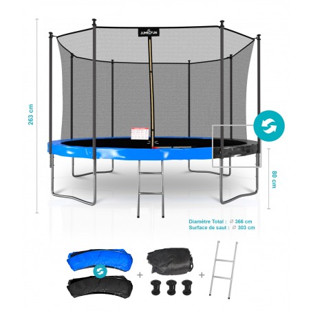 Trampoline extérieur Classique ø 366 cm- 12FT- Filet intérieur, Matelas de protection réversible et Echelle