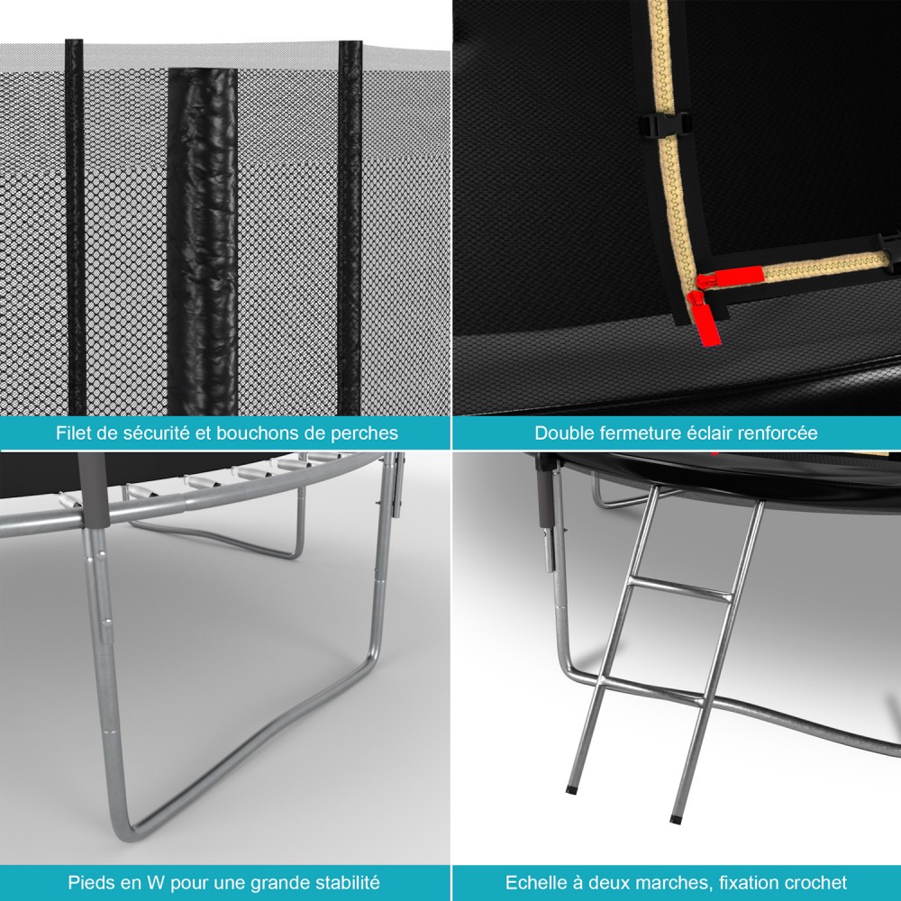 Trampoline de Jardin Deluxe ø185cm Noir - avec Filet de sécurité, Tapis de saut, Coussin de protection, Echelle