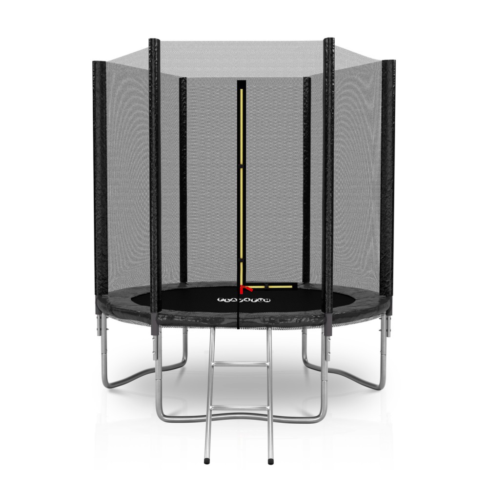 Trampoline de Jardin Deluxe ø185cm Noir - avec Filet de sécurité, Tapis de saut, Coussin de protection, Echelle