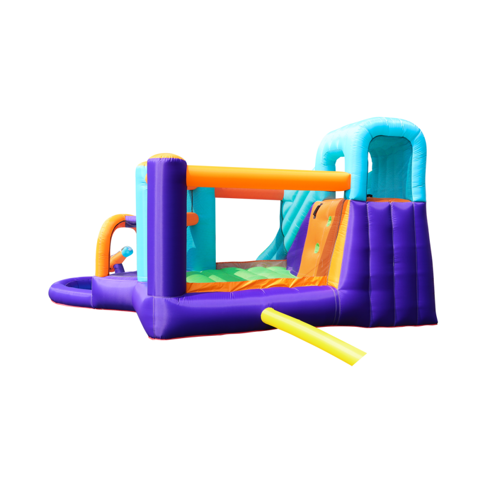 Château Aquatique Gonflable - Sunny Jungle - Surface 430x400x225 cm - souffleur et sac de rangement inclus