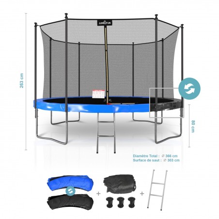 Trampoline extérieur Classique ø 366 cm- 12FT- Filet intérieur, Matelas de protection réversible et Echelle