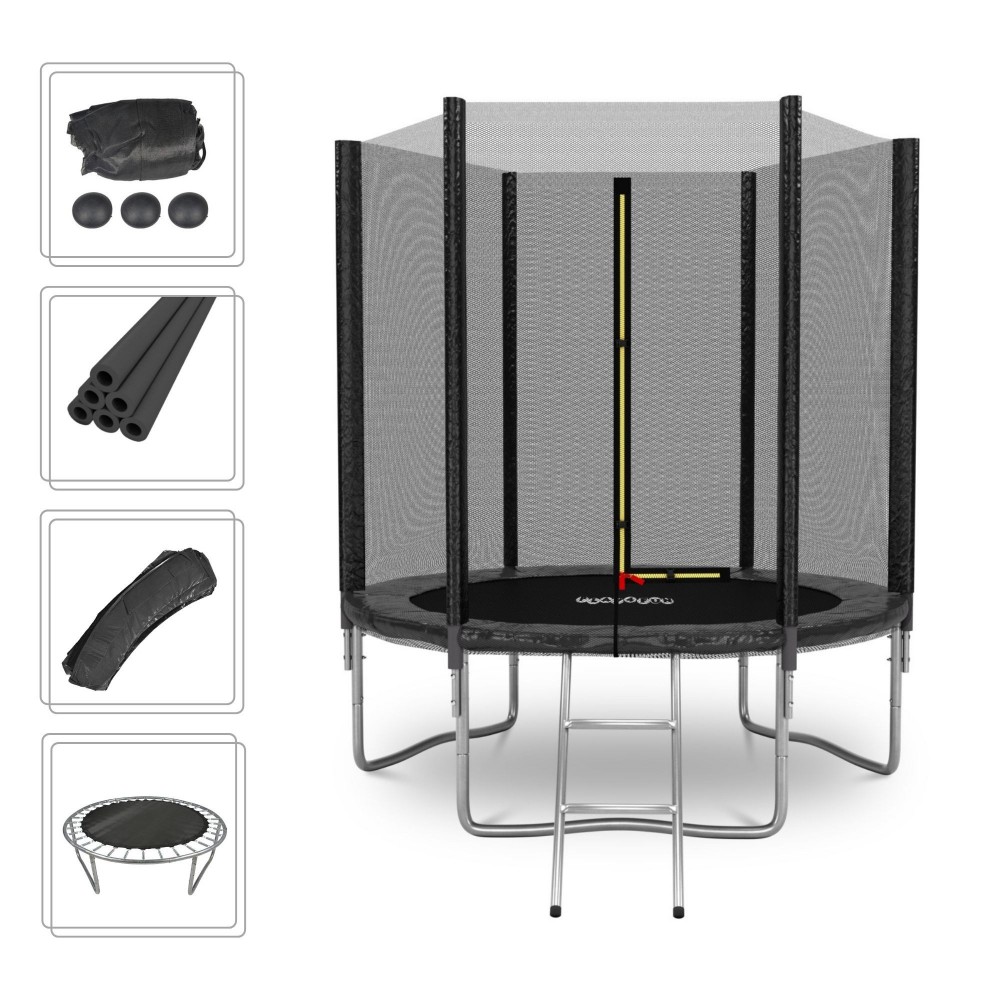 Trampoline de Jardin Deluxe ø185cm Noir - avec Filet de sécurité, Tapis de saut, Coussin de protection, Echelle