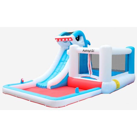 Château Aquatique Gonflable pour enfants 4,80m - Aire de jeux avec Toboggan et Piscine - Sharky Bay