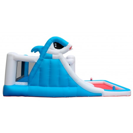 Château Aquatique Gonflable pour enfants 4,80m - Aire de jeux avec Toboggan et Piscine - Sharky Bay