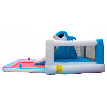 Château Aquatique Gonflable pour enfants 4,80m - Aire de jeux avec Toboggan et Piscine - Sharky Bay