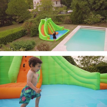 Château Aquatique Gonflable pour enfants 6,90m - Aire de jeux avec Escalade, Toboggan et Piscine - Crocodile Swamp