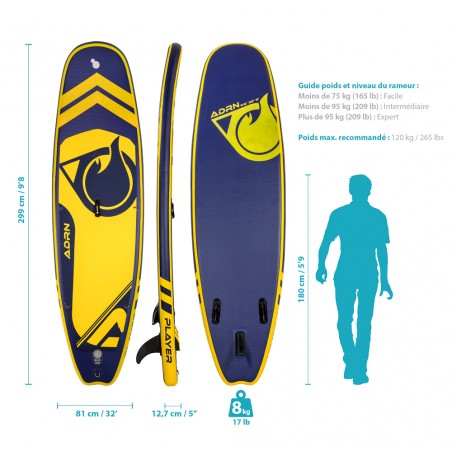 Stand up Paddle Gonflable 9'8 - PLAYER ADRN 9'8 32'' 5'' (295x81x13cm) - avec Pompe, Pagaie, Leash et Sac de transport