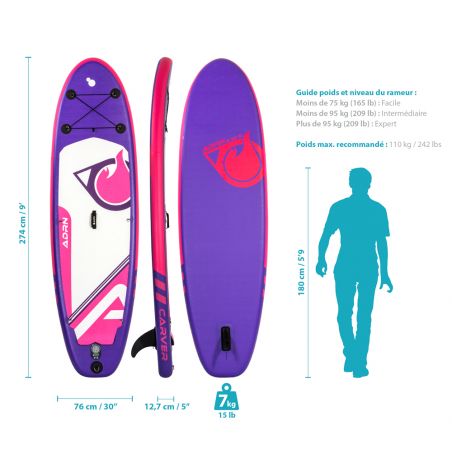 Stand up Paddle Gonflable 9' - CARVER ADRN 9' 30'' 5'' (274x76x13) - avec Pompe, Pagaie, Leash et Sac de transport