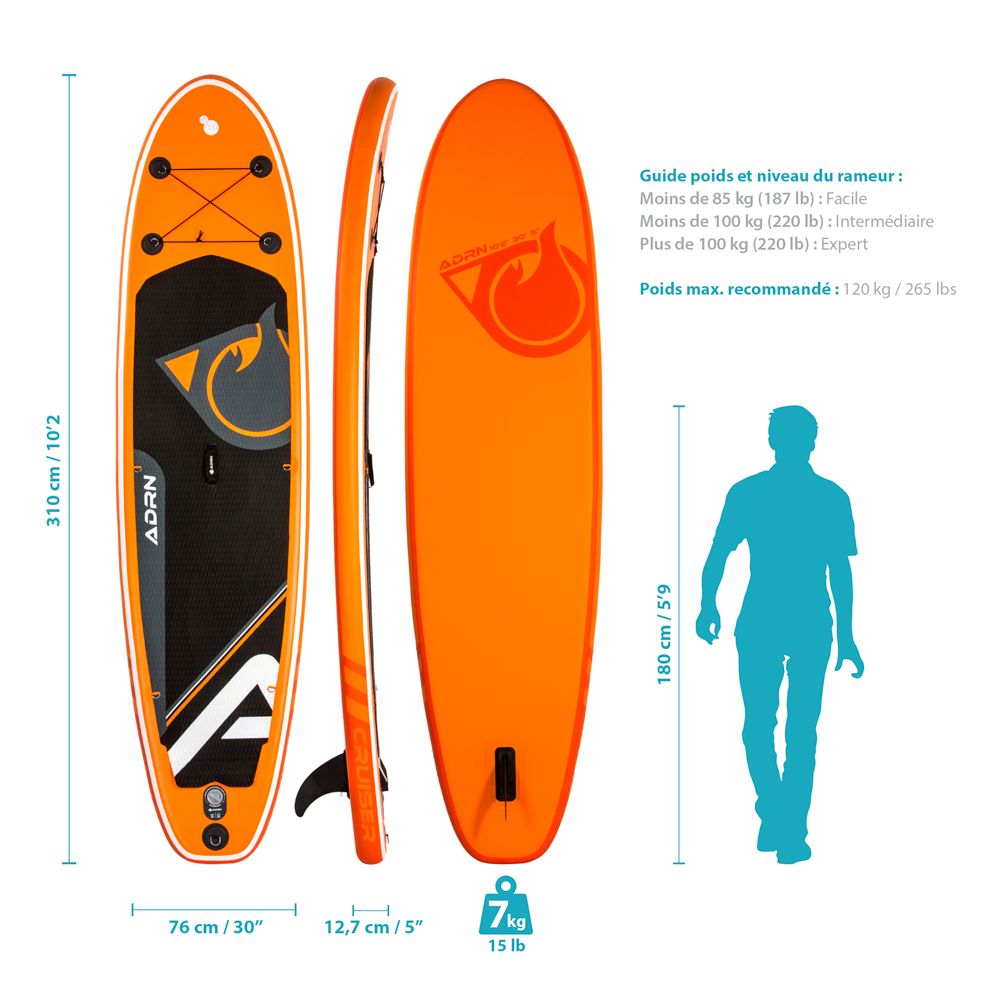 Stand up Paddle Gonflable 10'2 - CRUISER ADRN 10'2 30'' 5'' (310x76x13) - avec Pompe, Pagaie, Leash et Sac de transport - Orange