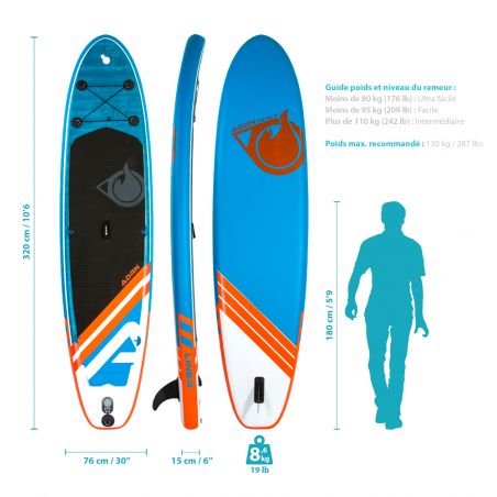 Stand up Paddle Gonflable 10'6 - LINER ADRN 10'6 30'' 6'' (320x76x15) - avec Pompe, Pagaie, Leash et Sac de transport