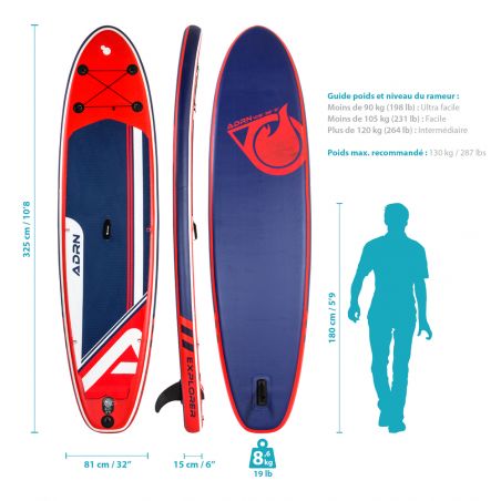 Stand up Paddle Gonflable 10'8 - EXPLORER ADRN 10'8 32'' 6'' (325x81x15cm) - avec Pompe, Pagaie, Leash et Sac de transport