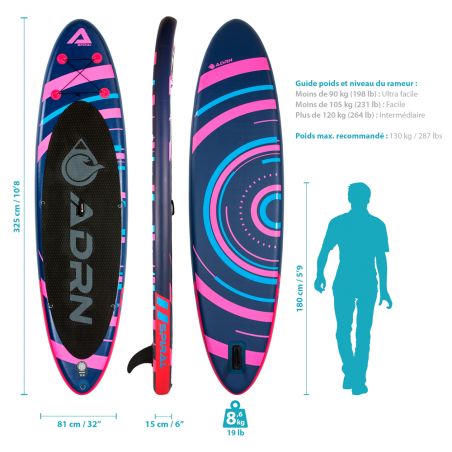 Stand up Paddle Gonflable 10'8 - SPIRAL ADRN 10'8 32'' 6'' (325x81x15) - avec Pompe, Pagaie, Leash et Sac de transport - Violet