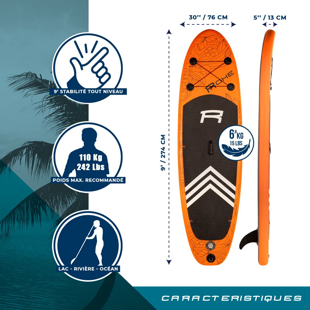 Pack Stand Up Paddle Gonflable 9'0 - Havane 2 ROHE 9' x 30" x 5" (274x76x13 cm) - avec accessoires