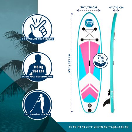 Pack Stand Up Paddle Gonflable 9'9 - INDIANA PINK ROHE 9'9" 30'' 5'' (297x76x12,7cm) - avec accessoires