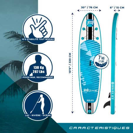 Pack Stand Up Paddle gonflable 10'6'' - ROHE FLOWER 10' 6'' 30'' 6'' (320x76x15cm) - avec accessoires