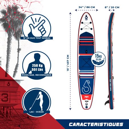 Stand Up Paddle 15' - DEUCE FSN 15' 34" 8" (457x86x20 cm) avec Pagaie, Leash, Pompe et Sac de Transport